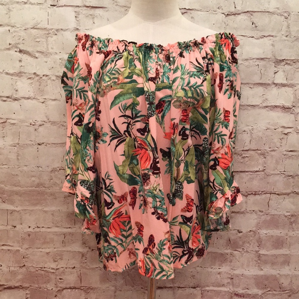 H&M Off Shoulder Floral Rayon Peasant Top Tropical